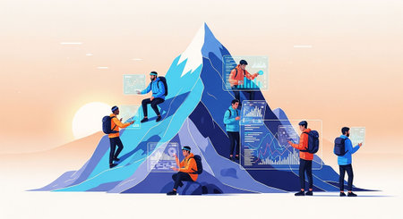 Team of business people working on mountain peak. Teamwork, partnership, teamwork concept. Vector illustration in flat styleの写真素材