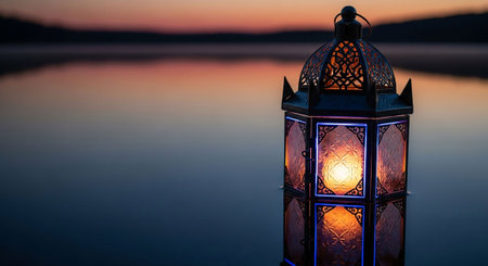 Lantern on a lake at sunset.の写真素材