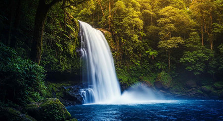 Beautiful waterfall in the rainforest at sunset. Nature background.