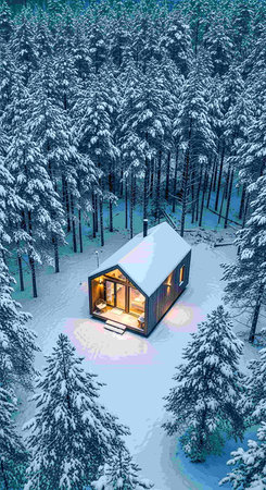 3d rendering of a log cabin in a snowy winter forest.