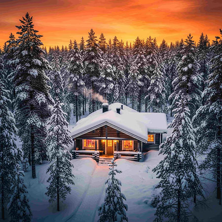Beautiful winter landscape with a cottage in the forest at sunset.の写真素材