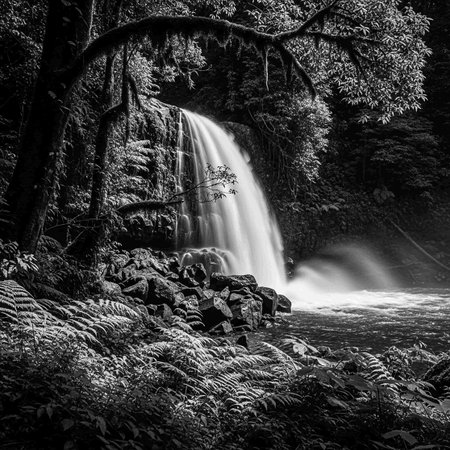 Beautiful waterfall in the forest. Black and white photo. Long exposure.