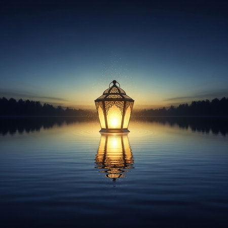 Lantern in the lake at sunset.の写真素材