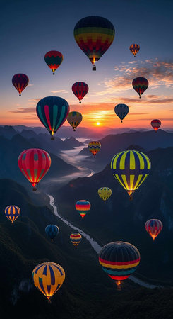 Colorful hot air balloons flying over the mountains at sunset. 3D renderingの写真素材