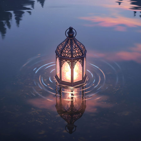 Lantern on the water with reflection. Ramadan Kareem background.の写真素材
