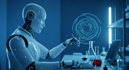 Robot humanoid working on a computer in a laboratory 3D renderingの写真素材