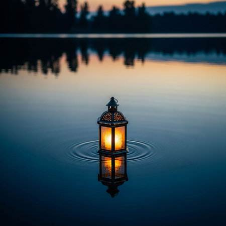 Lantern in the middle of a calm lake with reflection.の写真素材