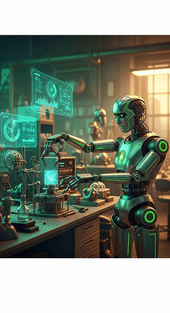 Robot in laboratory. Artificial intelligence concept. 3D Renderingの写真素材