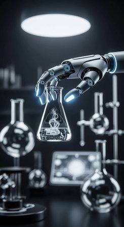 3d rendering robotic hand holding test tube with chemical liquid in laboratoryの写真素材