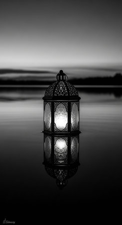 Lantern on the water in the evening. Black and white.の写真素材