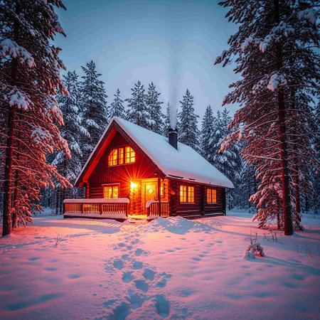Beautiful winter landscape with wooden house in the forest at sunset.の写真素材