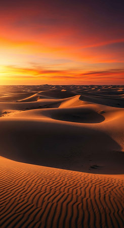 Sunset over the sand dunes in the Sahara desert, Moroccoの写真素材
