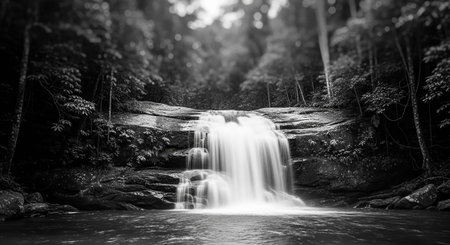 Tropical waterfall in rainforest, Thailand. Black and white