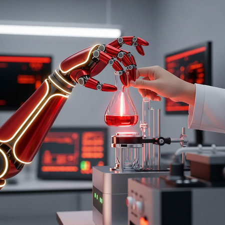 Robot hand holding test tube with red liquid in laboratory. 3d renderingの写真素材