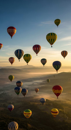 Hot air balloons fly over the valley at sunrise, Chiang Mai, Thailandの写真素材