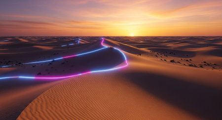 Sunset over sand dunes in the desert. 3d renderの写真素材