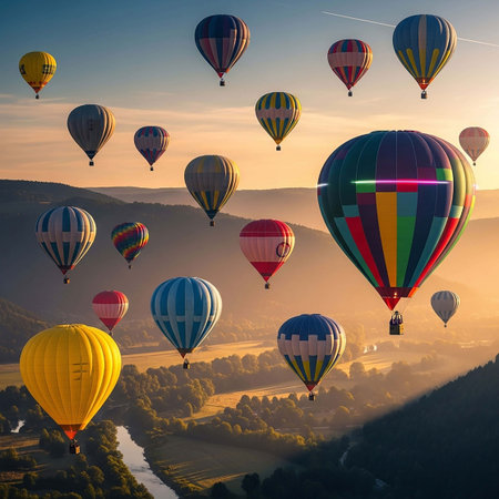 Colorful hot air balloons fly over the valley. Colorful hot air balloons in the blue sky.の写真素材
