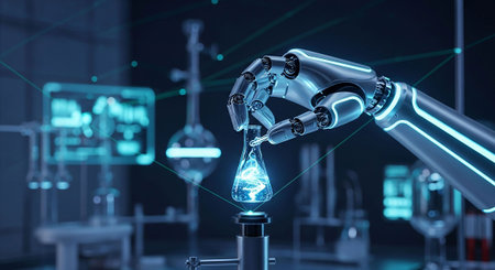 3d rendering robotic arm holding test tube with blue liquid in laboratoryの写真素材