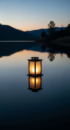 Lantern on the lake at sunset with mountains in the background