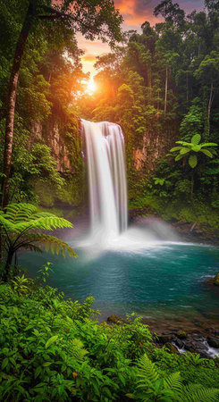 Beautiful waterfall in tropical rainforest at sunrise, Kanchanaburi, Thailandの写真素材
