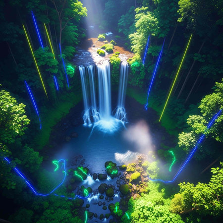 3d render of a waterfall in the forest.の写真素材