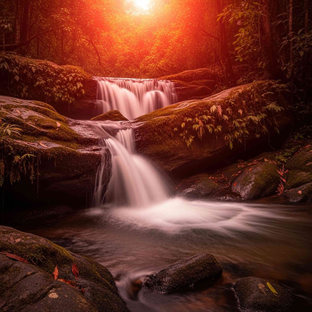 Beautiful waterfall in tropical forest, Thailand. Long exposure shot.の写真素材