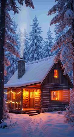 Beautiful wooden house in the winter forest. Christmas and New Year background.の写真素材