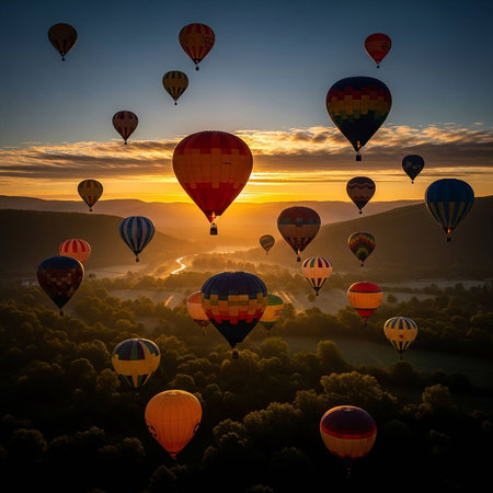 Hot air balloons fly over the valley at sunrise. Colorful hot air balloons in the sky.の写真素材