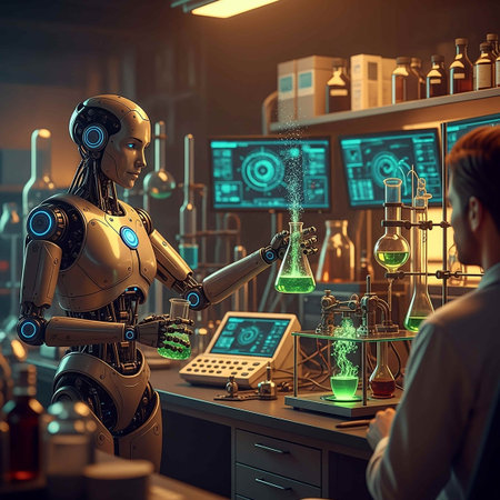 Robot and human scientist working together in laboratory. 3D rendering