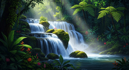 3d render of a waterfall in the jungle with a red flowerの写真素材