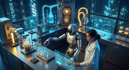 Young woman scientist in laboratory working with a robot. 3D renderingの写真素材