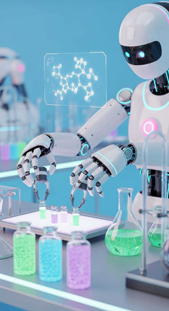 Robot humanoid working in laboratory 3d rendering. Robot humanoid working in laboratory.の写真素材