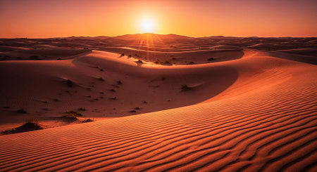 Sunset over the sand dunes in the Sahara desert, Moroccoの写真素材