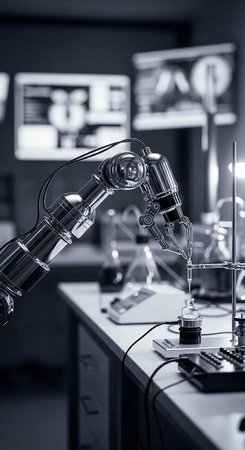 Robotic arm in a scientific laboratory. 3D Rendering.の写真素材