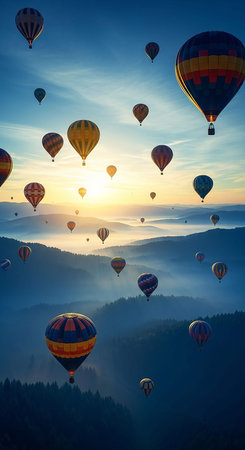Hot air balloons flying over the valley at sunrise. 3D rendering
