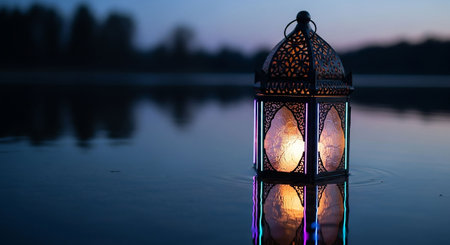 Lantern on the lake at night.の写真素材