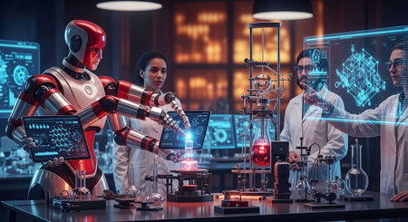 Group of scientists working with a robot in a laboratory. 3d rendering toned image double exposureの写真素材