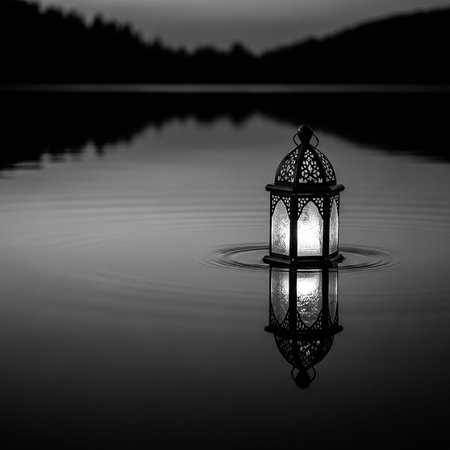 Lantern on the water with reflection. Black and white image.の写真素材