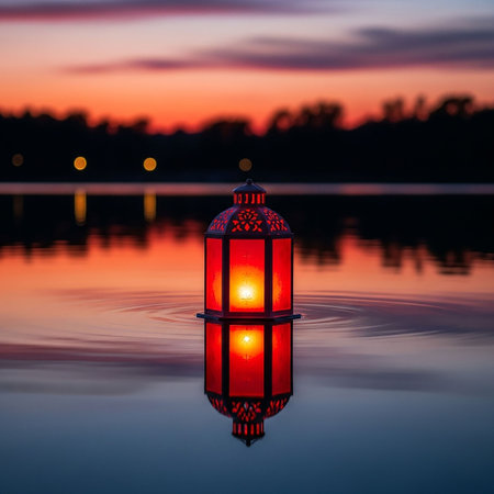 Lantern on the water at sunset.の写真素材