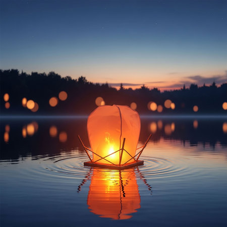 3d illustration of a lamp in a lake at night with reflectionの写真素材