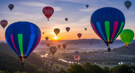 Hot air balloons fly over the city of Bern, Switzerland at sunrise.の写真素材