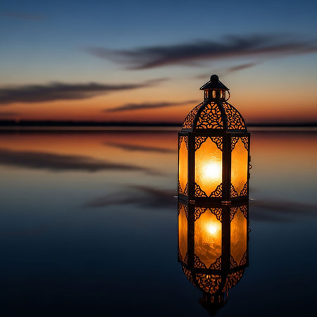 Lantern reflected in water at sunsetの写真素材
