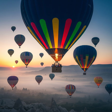Colorful hot air balloons flying over Cappadocia, Turkeyの写真素材