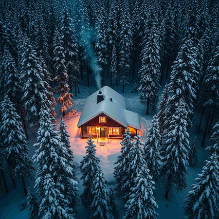 Wooden house in winter forest at night. Carpathians, Ukraineの写真素材