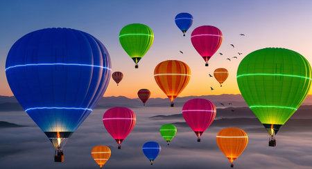 Colorful hot air balloons flying over the clouds at sunrise, 3D renderingの写真素材