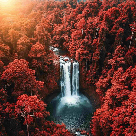 Waterfall in the autumn forest at sunset. Aerial view. Nature backgroundの写真素材