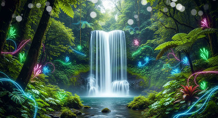 Beautiful waterfall in the forest at night,3d rendering.