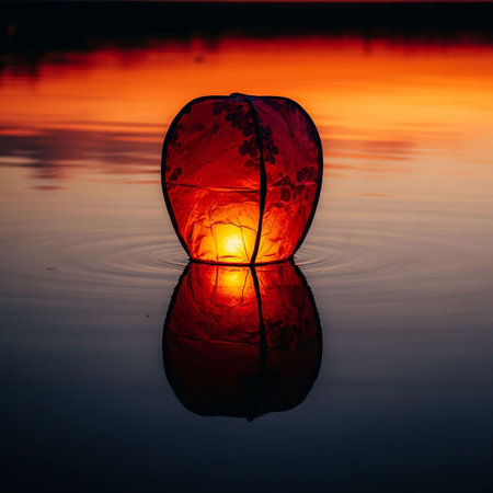 Lantern in the water at sunset. Beautiful red lantern with reflection in water.の写真素材