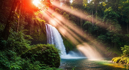 Beautiful waterfall in green forest at sunset, Bali, Indonesiaの写真素材