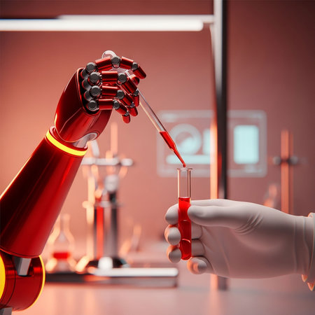 Laboratory research and development concept. 3d rendering robot hand holding test tubeの写真素材